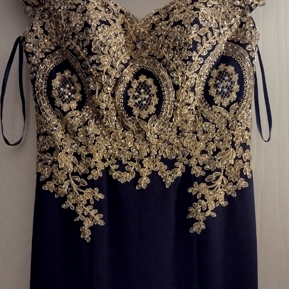 Navy Blue & Gold Prom Dress XS - Picture 2 of 4